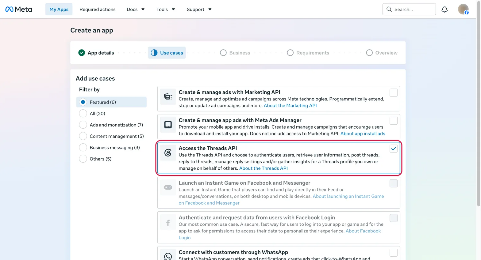 Create App 的 use case 選擇畫面,紅框標示 Access the Threads API 一項